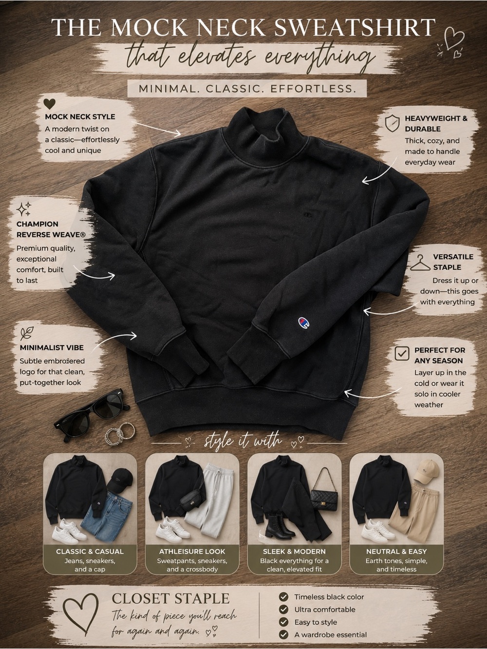 REVERSE WEAVE Champion Black Turtleneck Sweatshirt with Sleeve Logo
